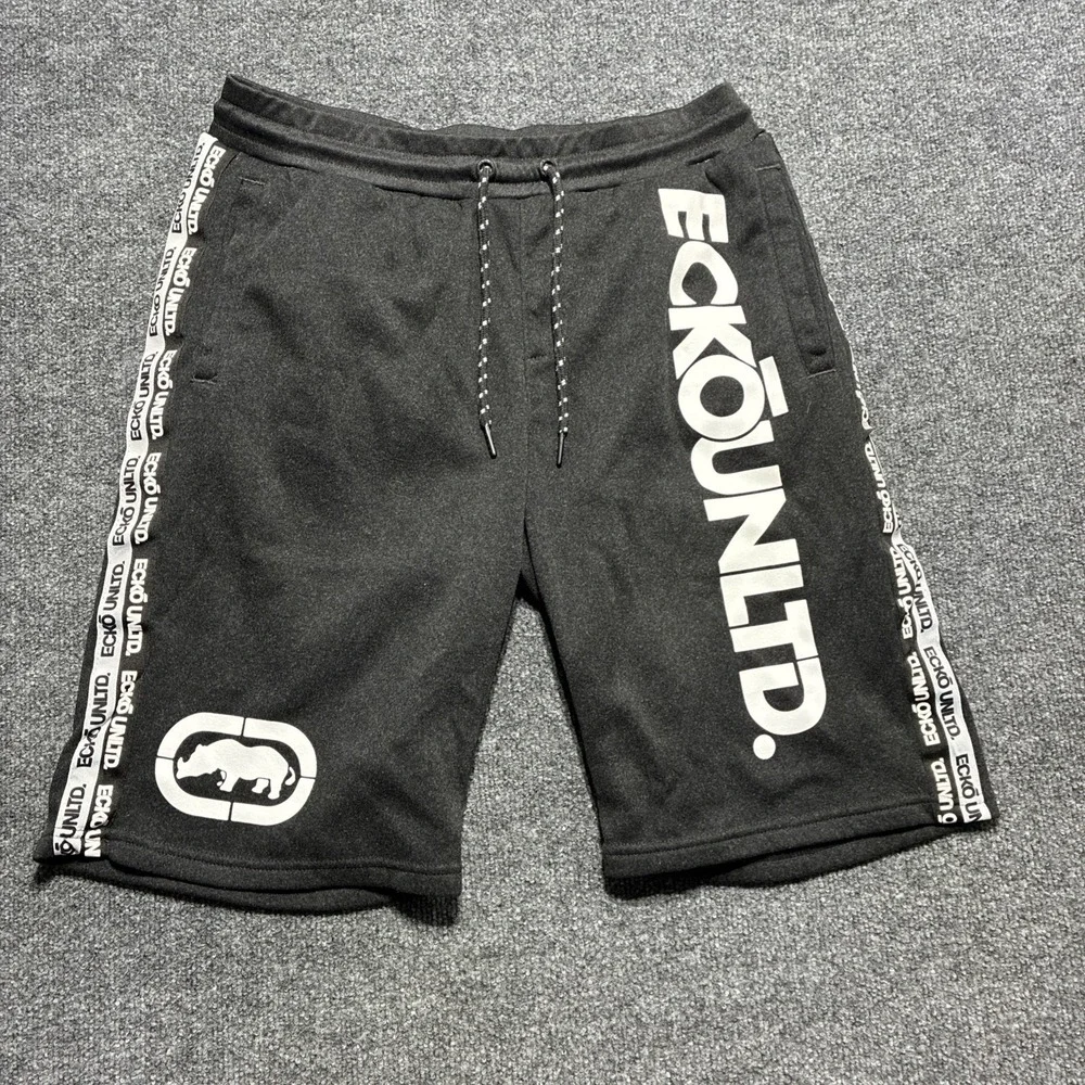 Ecko Unltd Fleece Sweat Shorts Men's S Black White Graphic Logo Streetwear